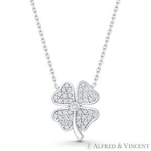 4-Leaf Clover Shamrock Irish CZ Crystal Necklace Pendant in .925 Sterling Silver